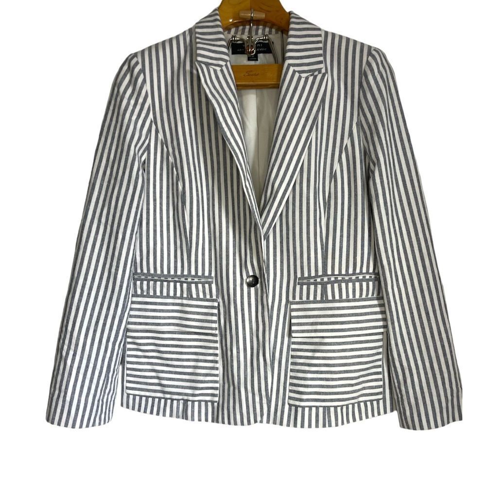 Tahari Women Blazer Career Jacket Stripes Single Button White Navy Sz: 10